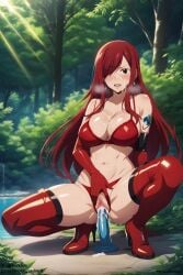 ai_generated asckarit erza_scarlet fairy_tail fairy_tail_100_years_quest forest latex latex_gloves latex_stockings red_latex