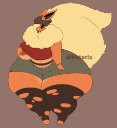 anthro ash_(void_dew) bandage bandage_on_face beanie big_breasts big_ears blonde_hair bottomwear breasts clothed clothing clothing_lift ear_piercing eeveelution female flareon fluffy fluffy_tail fur generation_1_pokemon hair hair_over_eye hat headgear headwear heart_symbol hi_res huge_hips huge_thighs hyper hyper_hips hyper_thighs legwear multicolored_body multicolored_fur navel neck_tuft nintendo piercing pokemon pokemon_(species) shirt shirt_lift shorts simple_background solo standing stockings tail thick_thighs tongue tongue_out tongue_piercing topwear torn_clothing torn_legwear torn_stockings tuft two_tone_body two_tone_fur vetarix watermark wide_hips