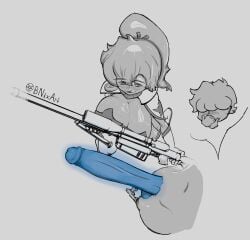 1boy 1girls big_breasts big_penis bikini bnixart breasts briefers_rock comparing comparing_penis crossover female glowing_penis gun huge_breasts large_breasts male monochrome panty_&_stocking_with_garterbelt penis penis_awe sketch sniper_rifle space_yoko tengen_toppa_gurren_lagann yoko_littner