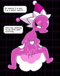 absurd_res ass blush bodily_fluids clothed clothing clothing_lift darkner deltarune digital_media_(artwork) elemental_creature female floating genital_fluids genitals hat headgear headwear hi_res humanoid looking_away mizzle_(deltarune) nude pink_body presenting simple_background solo speech_bubble spread_legs spreading text undertale_(series) vaginal_fluids vetero vulva water water_creature