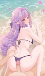 1boy ahoge beach bikini breasts censored commentary_request feet_out_of_frame female from_behind grabbing_from_behind heart highres imminent_penetration long_hair medium_breasts mosaic_censoring outdoors paid_reward_available penis pointy_ears purple_bikini purple_eyes red_eyes sitting straight swimsuit very_long_hair vivian_banshee wariza water welo zenless_zone_zero