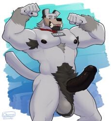 anthro armpit_hair balls big_balls big_penis big_pubes black_nipples black_penis body_hair bone canid canine canis churrosolixoso collar collar_only english_text erection flexing fur genitals grey_body grey_fur hi_res humanoid_genitalia humanoid_penis looking_at_viewer male mammal microsoft minecraft mojang muscular nipples nude penis pubes solo text vein veiny_penis wolf wolf_(minecraft) xbox_game_studios
