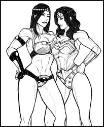 2girls abs armpits barda_free big_barda big_breasts black_and_white black_hair bracelets breast_press breasts cleavage dark_hair dc dc_comics diana_prince dick_hammersmith female gloves huge_breasts large_breasts long_hair mister_miracle_(series) monochrome muscular_female pose sideboob smile superheroine the_new_gods tiara unconvincing_armor wonder_woman wonder_woman_(series)