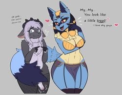 anthro blanky_(blankyart) blue_body blue_fur bovid breasts caprine clothing cocky duo egyptian egyptian_clothing female fishnet_clothing fur generation_4_pokemon genitals lucario makeup male male/female mammal mara_the_ravenous nervous nintendo penis pokemon pokemon_(species) red_eyes sheep sokudo_(maratheravenous) tail thick_thighs