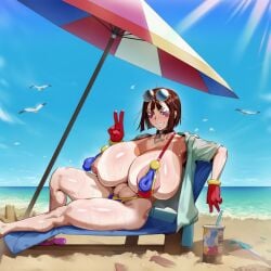 1girls ai_generated alternate_ass_size alternate_body_type alternate_breast_size alternate_costume beach beach_umbrella blue_skin blush blush_stickers brown_hair drink drinking_glass female female_focus flip_flops hairy hairy_armpits hairy_pussy happy hat kunaboto_(style) looking_at_viewer multicolored_eyes nipple_suspension_bikini ocean pale-skinned_female pale_skin peace_sign pomni_(the_amazing_digital_circus) pubes pubic_hair pubic_hair_peek sand sky solam straw_hat sunglasses sunglasses_on_head sunny sunshine tanline the_amazing_digital_circus