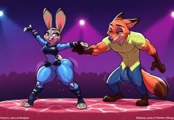 1boy 1girls ai_generated anthro ass big_ass breasts bulge_through_clothing child_bearing_hips civitai dancing fox fox_tail furry indoors judy_hopps larger_male massive_ass motion_lines muscular_male nick_wilde nightclub police_uniform rabbit rabbit_ears rabbit_tail self_upload shortstack standing tagme thick_thighs totallynotafurry789 wide_hips zootopia