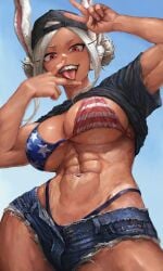 1girls 2025 abs ai_generated american_flag_bikini animal_ears arms_up backwards_baseball_cap baseball_cap belly_button biceps big_breasts bikini boku_no_hero_academia breasts busty cleavage clothed clothed_female clothing cunnilingus_gesture curvaceous curvy dark-skinned_female dark_skin denim denim_shorts double_bun female front_view fully_clothed gesture hair hair_bun hat hi_res highres human jean_shorts large_breasts legs_together long_hair looking_at_viewer mercyofblade miruko muscular muscular_arms muscular_female muscular_legs muscular_thighs my_hero_academia navel obliques open_mouth peace_sign pose posing rabbit_ears red_eyes rumi_usagiyama shirt shirt_up short_shorts shorts smile smiling smiling_at_viewer solo standing stomach suggestive_gesture t-shirt teeth thick_thighs thighs tongue tongue_out v voluptuous white_hair wide_hips