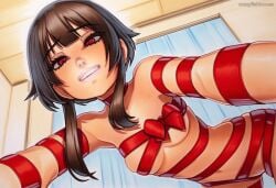 2025 ai_generated artist_name black_hair blush breasts crazyfishbones female looking_at_viewer megumin naked_ribbon navel red_eyes ribbon solo