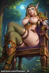 ai_generated alleria_windrunner armor ass blonde_hair boots bottom_view breasts_out cameltoe crossed_legs elf face_markings facepaint female gloves glowing_eyes hood huge_ass huge_breasts large_breasts nipples shoulder_armor sitting stockings warcraft world_of_warcraft