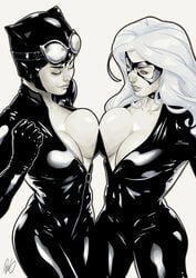 2girls batman_(series) black_cat_(marvel) bodysuit breast_press breasts busty catsuit catwoman cleavage closed_eyes crossover dc_comics felicia_hardy female female_only hourglass_figure human large_breasts marvel mask multiple_females redgvicente selina_kyle shiny shiny_suit spider-man_(series) straight_hair unzipped voluptuous white_hair yuri zipper_pull_tab