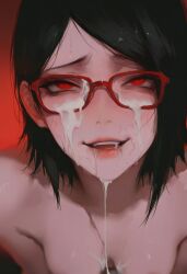 ahe_gao black_hair boruto:_naruto_next_generations cum_drip cum_in_mouth cum_on_breasts cum_on_face cum_on_glasses glasses pubes_on_face rolling_eyes small_breasts uchiha_sarada whore_eyes