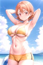 1girl ahoge ai_generated armpits arms_behind_head arms_up ball bare_shoulders beach beachball bikini bikini_shorts blue_sky blush breasts cameltoe cleavage closed_mouth cloud collarbone cowboy_shot day digimon digimon_adventure digimon_adventure_tri. female hair_between_eyes halterneck holding holding_ball large_breasts looking_at_viewer navel ocean orange_hair outdoors red_eyes rena_aikawa_(pixiv_user) short_hair short_shorts shorts sideboob skindentation sky smile solo sora_takenouchi standing stomach strap_gap swimsuit thighs underboob water yellow_bikini yellow_shorts