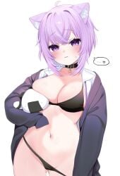 ... ahoge animal_ears belt belt_collar black_belt black_bra black_choker black_collar black_panties blush bra breasts cat_ears cat_girl choker cleavage closed_mouth collar collarbone collared_shirt female gluteal_fold hololive hood hoodie looking_at_viewer medium_hair navel negima_(le_ne38) nekomata_okayu nekomata_okayu_(oversized_shirt) onigirya_(nekomata_okayu) panties purple_eyes purple_hair purple_hoodie shirt simple_background sleeves_past_fingers sleeves_past_wrists smile solo spoken_ellipsis stomach sweatdrop thighs underwear very_long_sleeves virtual_youtuber white_background white_shirt