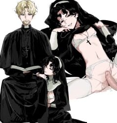 1boy adam_(lord_of_the_mysteries) amon_(lord_of_the_mysteries) black_capelet black_dress black_eyes black_hair black_robe black_robes black_tunic black_veil blonde_hair bra breasts capelet chinese_commentary clerical_collar closed_mouth commentary_request cross cross_necklace dress facial_hair garter_belt genderswap_(mtf) incest jewelry kikinotamai latin_cross long_dress long_hair long_sleeves looking_at_viewer lord_of_the_mysteries monocle necklace nipples nun open_mouth parted_bangs priest robe rule_63 simple_background sitting small_breasts smile straight thighhighs traditional_nun tunic twintails uncensored underwear veil wavy_hair white_background white_bra white_thighhighs yellow_eyes