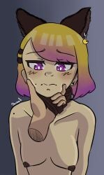bell blonde_female blonde_hair blush brown_nipples cat_ears daimonart dyed_hair face_grab leash leash_and_collar leash_pull looking_at_viewer mole mole_under_mouth original_character piercing pink_hair short_hair shy small_breasts