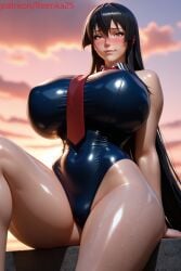 ai_generated akame_(akame_ga_kill!) akame_ga_kill! black_hair huge_breasts leotard necktie one-piece_swimsuit red_eyes sunset swimsuit