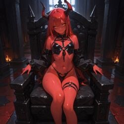 1girls ai_generated demon_girl demon_horns panties petite red_body red_hair red_skin revealing_clothes severljs sitting_on_throne small_breasts succubus thigh_strap thong_panties