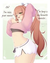 bracelet breasts brown_hair cute doki_doki_literature_club female green_eyes inviting looking_at_viewer monika_(doki_doki_literature_club) ponytail raionart smirking_at_viewer smug speaking speaking_to_viewer suggestive suggestive_look suggestive_pose talking_to_viewer thighs