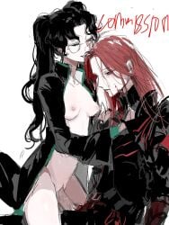 1boy amon_(lord_of_the_mysteries) armor black_armor black_cloak black_hair breasts chinese_commentary cloak closed_eyes commentary_request commission facial_mark female forehead_mark full_armor genderswap_(mtf) highres kikinotamai long_hair lord_of_the_mysteries medici_(lord_of_the_mysteries) monocle nipples parted_bangs parted_lips penis pussy red_eyes red_hair rule_63 sex simple_background small_breasts straight twintails vaginal_penetration white_background