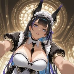 1girls absurd_res ai_generated animal_ears azur_lane cleavage cleopatra_(azur_lane) dark-skinned_female dark_skin egyptian egyptian_female from_below hanging_breasts huge_breasts indoors jackal_ears jewelry liu_(artist) looking_at_viewer looking_down looking_down_at_viewer maid maid_headdress maid_uniform seductive seductive_look solo solo_female tan_body tan_skin tanline voluptuous voluptuous_female
