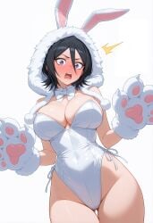 absurdres ai_generated animal_ears animal_hands animal_hood ass_visible_through_thighs black_hair bleach blush bow bowtie breasts cleavage commentary detached_collar english_commentary english_text fake_animal_ears female fur_trim gloves hair_between_eyes heretikka highleg highleg_leotard highres hood hood_up kuchiki_rukia large_breasts leotard looking_at_viewer model_request open_mouth paw_gloves playboy_bunny purple_eyes rabbit_ears short_hair simple_background solo strapless strapless_leotard teeth thigh_gap thighs undressing_challenge white_background white_bow white_leotard