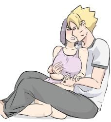 big_breasts blonde_hair boruto:_naruto_next_generations boruto:_two_blue_vortex grabbing_breasts horny_female horny_male kakei_sumire kissing lifting_shirt moaning purple_hair uzumaki_boruto
