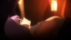 1girls areolae asagami_fujino bra breasts cap chest female hime_cut kara_no_kyoukai long_hair lying medium_breasts nipples open_clothes open_shirt purple_hair rape red_eyes school_uniform screencap shirt white_bra