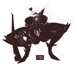 abs anthro antlers areola ass baseball_bat bat_(object) big_breasts big_butt black_body breasts chest_eye crouching deer deltarune english_text female genitals hand_eye heart_symbol horn inverted_nipples looking_pleasured mammal melee_weapon muscular muscular_female nipples nude open_mouth presenting_vulva puffy_areola roaring_knight shadow_creature signirsol solo spread_legs spread_open spreading text the_roaring_knight thick_thighs tongue tongue_out undertale_(series) vulva weapon wide_hips