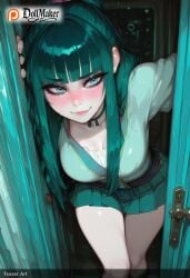 ai_generated aqua_skirt bangs blunt_bangs blush breasts deviantart_username dollmaker dollmaker_(artist) female long_hair looking_at_viewer patreon_logo patreon_username skirt smile soaking_feet solo tagme twitter_username water water_drop watermark web_address