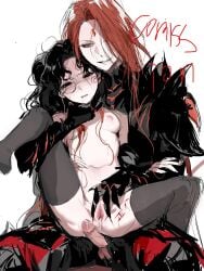 1boy after_sex after_vaginal amon_(lord_of_the_mysteries) armor black_armor black_eyes black_hair black_thighhighs blood blush body_writing breasts chinese_commentary commentary_request cum cumdrip erection facial_mark forehead_mark full_armor genderswap_(mtf) highres kikinotamai long_hair lord_of_the_mysteries medici_(lord_of_the_mysteries) messy_hair monocle nipples nude parted_bangs penis red_eyes red_hair rule_63 small_breasts smile spread_pussy spreading_another's_pussy tally testicles thighhighs twintails