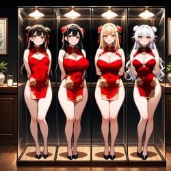 ai_generated bangs bare_legs black_hair blonde_hair breast_cutout cheongsam chinese_dress classy display display_case elegant glass_container high_heels multiple_girls prostitution red_dress smiling white_hair