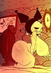 1girls anthro bedroom big_ass big_breasts dildo fool's_hat highres imminent_penetration kuromi lagomorph large_ass large_breasts large_dildo leporid mischievous_smile nipple_piercing north_star_500 onegai_my_melody shortstack skull_symbol spade_tail spanish_text sunlight sweat sweaty_body voluptuous voluptuous_female white_skin