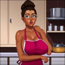 1girls ai_generated almost_naked apron apron_only arcane bare_arms bare_shoulders barely_clothed big_breasts big_breasts breasts breasts brown_hair brown_skin cleavage female female female_focus female_only glasses huge_boobs huge_breasts large_boobs large_breasts league_of_legends looking_at_viewer mostly_nude naked_apron no_bra short_hair sky_young solo solo_female solo_focus standing
