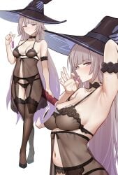 1girls arm_behind_head arm_strap armpit armpits black_thighhighs blush bonz_(bonz0616) breasts choker cleavage close-up fellatio_gesture female female_only footwear full_body garter_belt garter_straps hair hat headwear heels herta_(honkai:_star_rail) honkai:_star_rail lace lace-trimmed_bra lace-trimmed_garter_belt lace-trimmed_panties lace-trimmed_thighhighs lace_trim legs legwear lingerie long_hair medium_breasts nail_polish nails naughty_face neckwear nightgown purple_eyes purple_nail_polish purple_nails sexually_suggestive solo solo_female sweat sweatdrop the_herta_(honkai:_star_rail) thighhighs thighs tongue tongue_out vial white_hair witch witch_hat