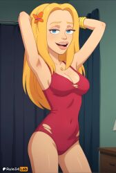 1girls ai_generated armpits arms_behind_head arms_up artist_name big_mouth_(tv_series) big_mouth_(universe) blonde_hair blue_eyes bracelet breasts casual_one-piece_swimsuit cleavage covered_navel cowboy_shot curtains female flower hair_flower hair_ornament hi_res indoors jewelry leah_birch lips long_hair looking_at_viewer medium_breasts necklace netflix one-piece_swimsuit open_mouth orange_flower red_one-piece_swimsuit rule34lab smile solo standing swimsuit torn_clothes