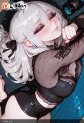 ai_generated ass bangs barefoot blush bra breasts cleavage dollmaker dollmaker_(artist) eyebrows_visible_through_hair female hair_between_eyes hat large_breasts long_hair on_stomach patreon_logo patreon_username shorts silver_hair smile solo tagme underwear