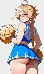 1boy 1femboy aether_(genshin_impact) ai_generated ass big_ass blonde_hair blue_skirt blush braided_ponytail cheerleader cheerleader_uniform crop_top femboy genshin_impact lipstick looking_at_viewer pixai pom_pom_(cheerleading) pom_poms self_upload skirt sleeveless smirking smirking_at_viewer solo solo_male superdomfuta thiccwithaq_(ai_style) thick_thighs white_background yellow_eyes