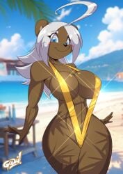 1girls anthro beach bear bikini blue_eyes breasts brown_fur cleavage female female_only furry golden_bikini golden_week huge_breasts looking_at_viewer mastergodai naomi_(mastergodai) rascals sling_bikini smile solo thick_thighs white_hair wide_hips