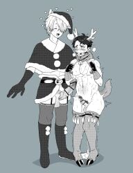2boys ball_gag bar_censor bell_collar big_penis christmas christmas_outfit condom_accessories condom_belt condom_in_thighhighs erection full_body fur_collar gag gagged garter_straps gay gegege_no_kitarou hachimitsu_remon_aji_no_nodo_ame hair_over_one_eye height_difference huge_cock kitarou_tanjou_gegege_no_nazo male male_only medama_oyaji_(human) mizuki_(gegege_no_kitarou) monochrome mostly_nude muscular muscular_male no_underwear pecs penis penis_size_difference reindeer_antlers reindeer_costume restrained santa_costume santa_hat standing stockings thighhighs used_condom used_condoms veiny_penis yaoi