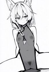animal_ear_fluff animal_ears arknights bare_shoulders beanstalk_(arknights) blush braid breasts china_dress chinese_clothes closed_mouth collarbone commentary_request cowboy_shot dress female female_pubic_hair greyscale hair_between_eyes hair_intakes hair_over_shoulder hair_ribbon highres hyena_ears hyena_girl long_hair looking_at_viewer makigirisu medium_breasts monochrome nipples nose_blush pelvic_curtain pubic_hair pussy ribbon see-through_clothes see-through_dress side_slit simple_background sitting sleeveless sleeveless_dress smile solo split_mouth spread_legs white_background
