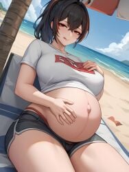 1girls ai_generated ass belly belly_button black_hair black_hair_female breasts exposed_belly exposed_belly_button exposed_pregnant_belly female hoyoverse light-skinned_female light_skin mihoyo mihoyo_technology_(shanghai)_co._ltd. new_eridu_public_security ponytail ponytail_(hair) ponytail_female pregnant pregnant_belly pregnant_female red_eyes red_eyes_female standing thick_thighs thighs wide_hips zenless_zone_zero zhu_yuan