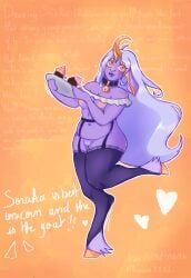 anthro bell blush breasts carrying_object choker chubby chubby_female cupcake cute cute_face dog_collar female female_only food garter_belt goat_ears goat_eyes gold_(metal) happy hooves horn lace league_of_legends long_hair looking_away open_clothing purple_skin pussy scars smile smiling soraka stockings stretch_marks white_hair wholesome