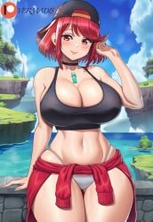 1girl 1girls ai_generated core_crystal earrings female female_only hand_on_head hat huge_breasts looking_at_viewer midriff monolith_soft nintendo novelai panties pyra red_eyes red_hair short_hair smile stomach sweater_around_waist tank_top thick_legs thick_thighs thong vermadis2x voluptuous voluptuous_female white_panties wide_hips xenoblade_(series) xenoblade_chronicles_(series) xenoblade_chronicles_2