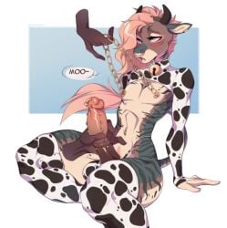 1boy abs animal_ears animal_print bell bell_collar blush chained chains collar cow_ears cow_girl cow_print erection female foreskin futanari horns large_penis leopard_print leopard_tail looking_at_viewer male_focus multicolored_hair nipple_piercing nipples nose_piercing penis piercing pink_hair precum print_gloves print_legwear sex_toy sitting solo_focus straight tail testicles thighhighs two-tone_hair uncensored veiny_penis