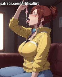 1girls ai_generated artifical_art big_breasts blue_pants blush condom cum cum_in_condom cum_in_mouth cum_on_tongue cyberpunk:_edgerunners drinking_cum facial_mark fully_clothed gloria_martinez_(edgerunners) jeans licking_cum light-skinned_female light_skin mature mature_female milf mommy mother open_mouth perfect_body red_eyes red_hair solo tied_hair tongue_out torn_pants used_condom voluptuous_female