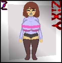 1girls big_breasts blush breasts brown_hair closed_eyes clothed female female_only frisk frisk_(undertale) huge_breasts pixel_art self_upload shirt shorts solo solo_female thighhighs thighs undertale undertale_(series) zixy