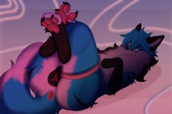 andromorph_(lore) animal_genitalia animal_vulva anus ass blue_body blue_eyes blue_fur canid canine canine_genitalia canine_vulva claws digital_media_(artwork) ertonhin eyewear female feral fox fur genitals glasses hair leg_markings looking_at_viewer lying mammal markings on_back pawpads paws rex_(fireskulls12) simple_background smile socks_(marking) solo tail vulva white_body white_fur