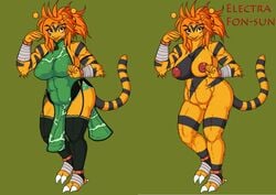 big_breasts breasts chubby claws clothed clothing electabuzz female hair inverted_nipples kidomax looking_at_viewer nintendo nipples nude orange_hair plain_background pokemon ponytail pussy red_eyes red_nipples tied_hair toe_claws video_games