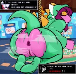 1dr_incognito absurd_res anthro censor_bar closed_hands clothing cosplay costume deltarune dinosaur_costume female freckles godzilla_(series) hair hi_res humor looking_at_viewer musk musky_butt pattern_background purple_anus purple_body purple_hair relieved reptile rope scalie simple_background solo susie_(deltarune) toho undertale_(series) yellow_eyes