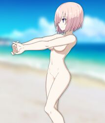 abs bangs_over_one_eye beach belly_button blurred_background blurry_background convenient_censoring convenient_censorship fate/grand_order fate_(series) flimbonio fully_nude large_breasts mash_kyrielight mash_kyrielight_(swimsuit_of_perpetual_summer_ver.02) nude paid_reward_available pink_hair purple_eyes short_hair sprite sprite_edit stretching